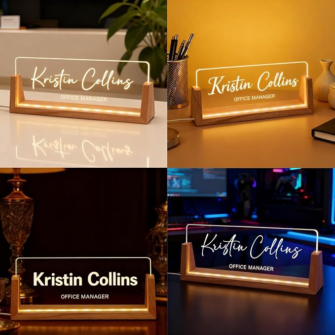 Personalized LED Name Plate for Desk, Light Up Acrylic Office Decor Desk Name Plate with Wooden Base, Custom Name Logo Quote, Appreciation Gifts for Boss Coworkers Employee Women Men (Signature)
