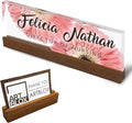 Artblox Personalized Office Desk Name Plate and Business Card Holder | Clear Acrylic Glass with Teak Wood Stand | Pink Daises Design Customized with Your Name and Credentials Office Desk Decor