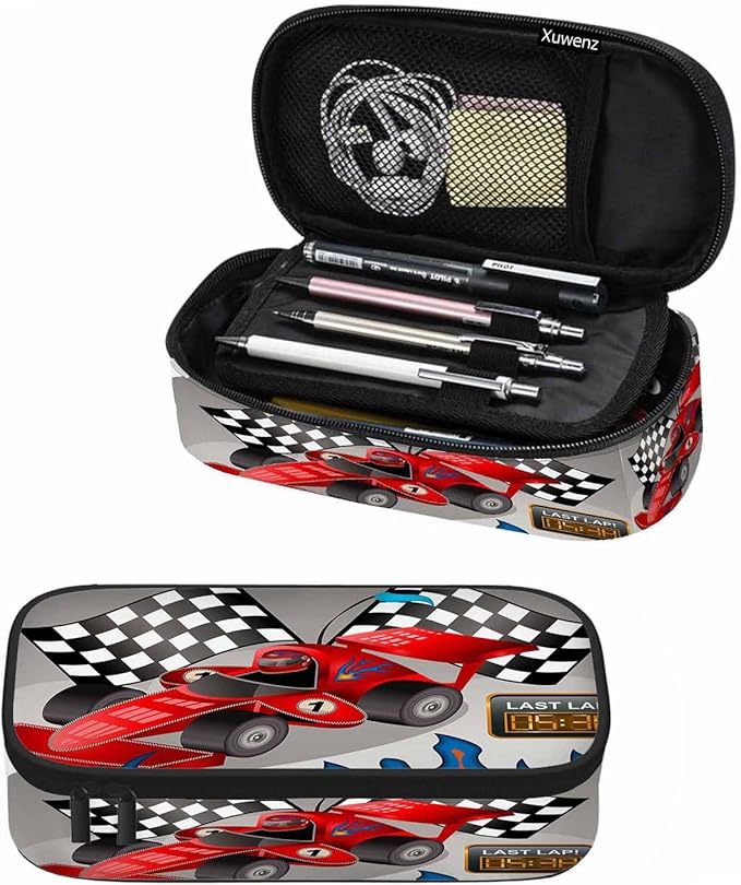 Racing Car Pencil Holder Bag Flames Cool Red Gray Pencil Case College Office School for Teens Boy Girl