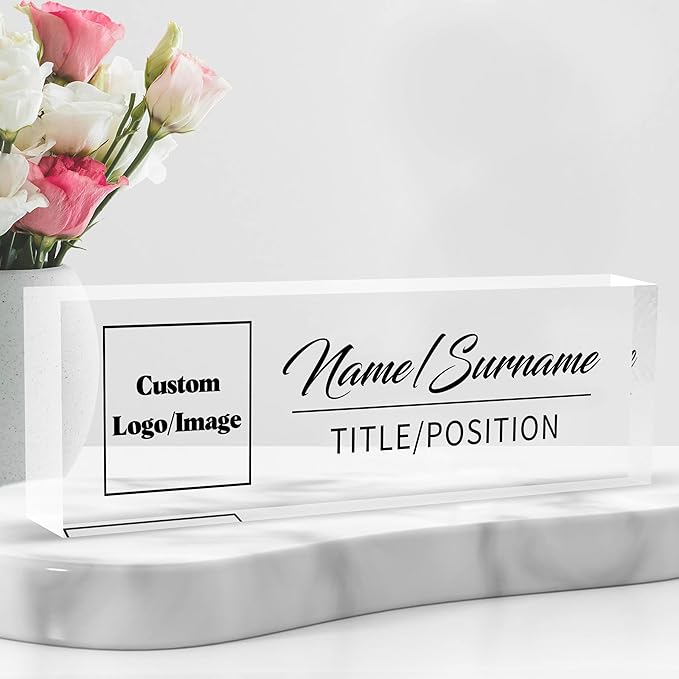Personalized Name Plate for Desk Custom Acrylic Desk Name Plate Custom Employee Appreciation Gifts Office Gifts for Women, Men, Boss, Coworkers, Teacher, Nurse (Logo/Image)