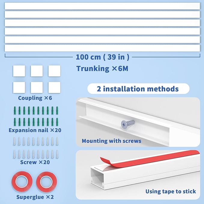 Extra-Long Paintable Cord Cover Hider for Wall Mounted TV - 6x 39.4in TTL 236in