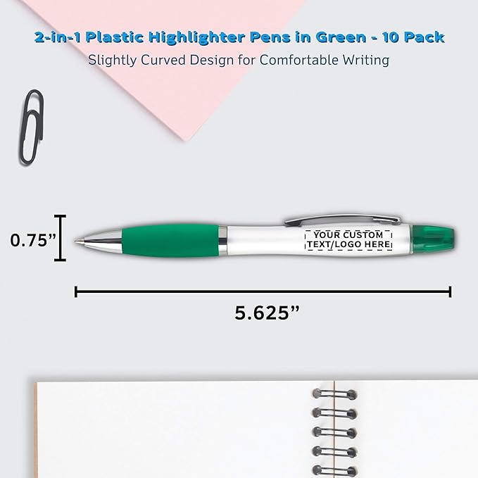 DISCOUNT PROMOS Personalized Plastic Highlighter Pens - 10 pack - Customizable Text, Logo - Green