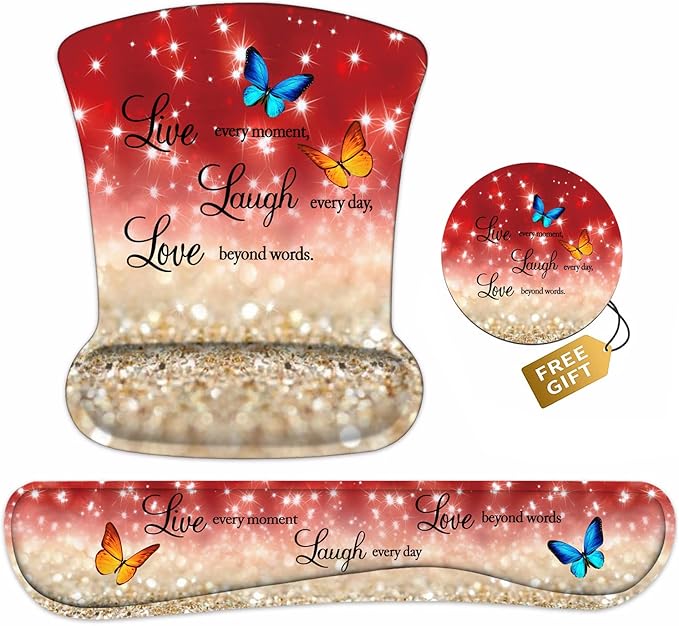 Keyboard Wrist Rest and Mouse Pad Wrist Support Set with Coasters, Non-Slip PU Base Ergonomic Mousepad for Computer Laptop Home Office Easy Typing & Pain Relief, Red Glitter Quote Live Laugh Love
