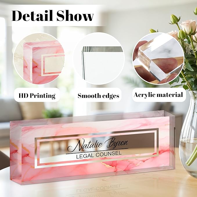 Personalized Name Plate for Desk, Custom Acrylic Desk Name Sign, Office Appreciation Gifts for Women Men Coworkers Boss Teacher Employee (Pink Marble)