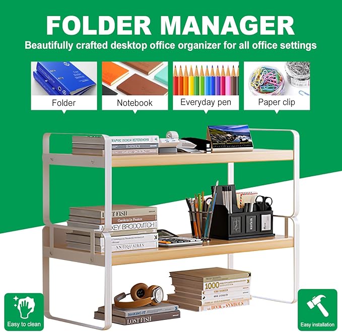 YGYQZ Wood Office Desk Shelf Organizer - Desktop Supplies Cute Dresser Top Organization Storage Rack and Cubicle Decor Aesthetic Bookshelf for Women Man and Kids (White-Two Tier)