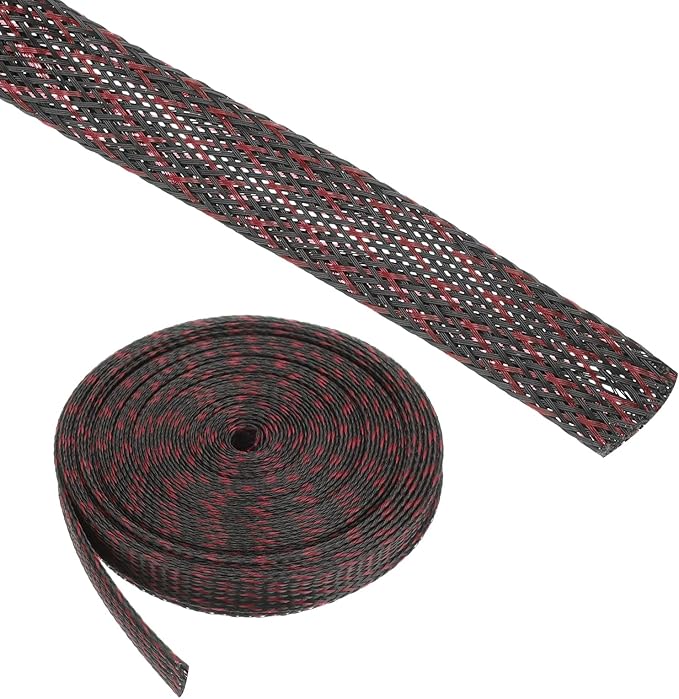 25ft PET Expandable Wire Loom 1/2 Inch, PET Braided Wire Sleeving Cable Management Sleeve Tubing [for Audio Video Home Office Cord Protector]-Black Red