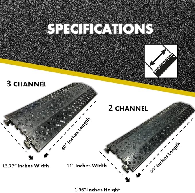 Kable Kontrol Drop Over Floor Cord Cover – 40” Inch Long 3 Channel Cable or Wire Protector – 10 Pcs Bulk Pack - Rubber Ramp for Indoor and Outdoor Use – Black