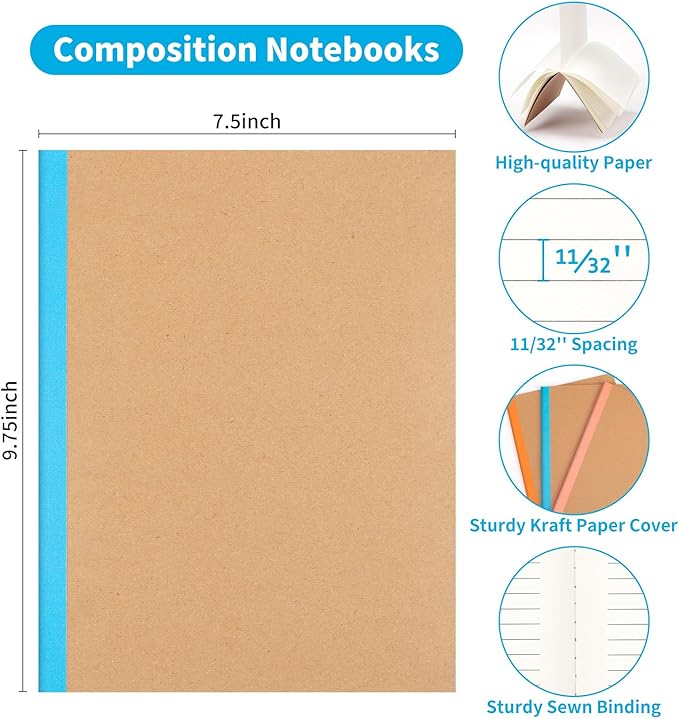 12 Pack Lined Notebook Journals Bulk, 7-1/2" x 9-3/4", Wide Ruled Paper, 30 Sheets/60 Pages, Kraft Cover with Rainbow Spines, 12 Colors Lined Composition Notebook Journal for Work Study Note Taking