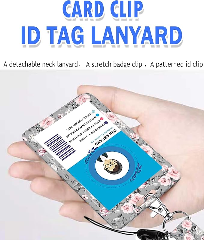 BLOCIT ID Badge Holder with Lanyard and Retractable Badge Reel Clip, Cute Card Name Tag Lanyard Vertical ID Protector Bage Clips for Nurse Doctor Teacher Student（Gray Pink Roses Flower）