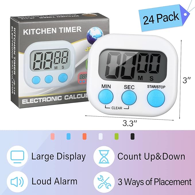 Weewooday 24 Pcs Digital Kitchen Timer Magnetic Timer Bulk On/Off Switch Minute Second Count up Countdown Loud Alarm for Exercise Cook Baking (Classic Color)