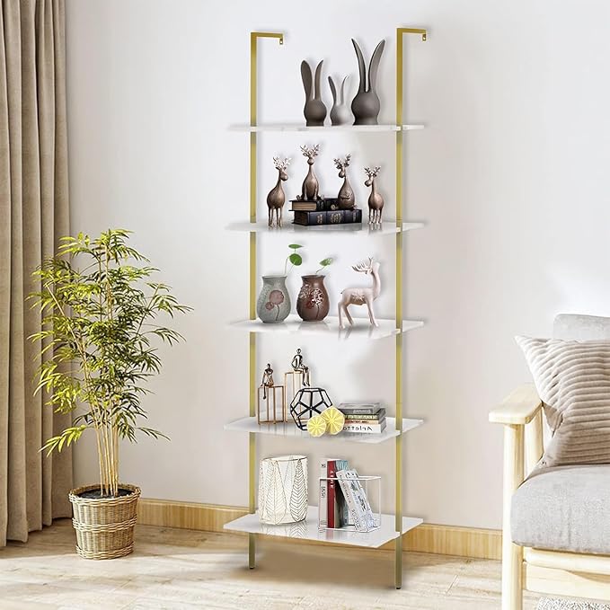 aboxoo Ladder Shelf White Marble Bookshelf 5-Tier Wall-Mounted Wood Rack Industrial Modern Plant Flower Stand Utility Organizer Open Bookcase Metal Frame Furniture Office Kitchen Bedroom