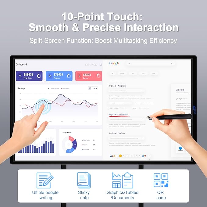 49" Interactive Smart Board for Classrooms, Labs & Churches - Office-Ready 1080P Touchscreen Whiteboard with Wireless Screen Mirroring, Multi-Device Sharing, Robust Android 12 OS (Board Only)