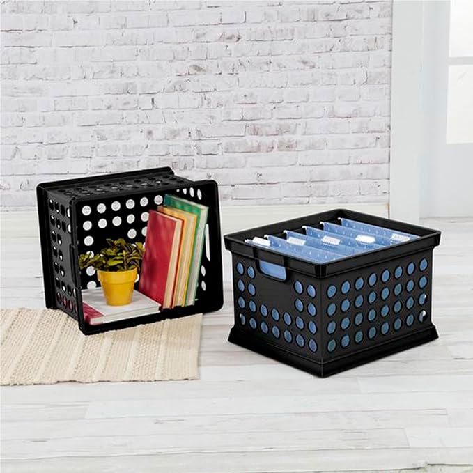 Sterilite Stackable Plastic Storage Crate Bin Organizer File Box with Handles for Home, Office, Dorm, Garage, or Utility Organization, Black, 18-Pack