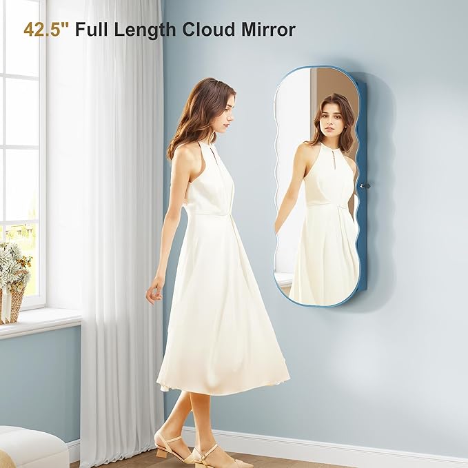 HNEBC LED Mirror Jewelry Cabinet,Wall or Door Mounted Jewelry Armoire Organizer with Lights,Lockable Wide Wavy Mirror with Storage,42.5" L Full Length Mirror with Jewelry Storage,Interior Mirror