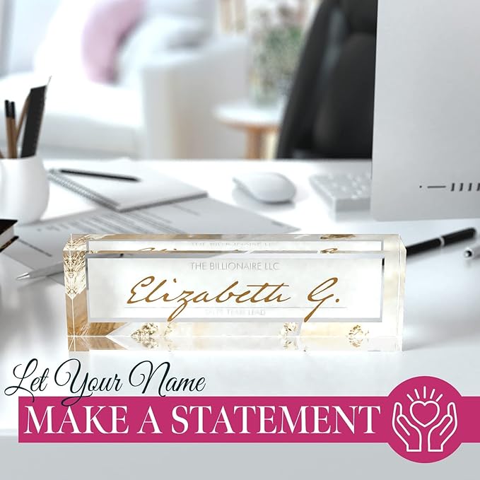 Desk Name Plate Personalized, Custom Name Plates 2½/x8 Inches, Thick Crystal-Clear Acrylic, Gift Box, Office Desk Decor. USA Made by ACRYLUXE (Monique)
