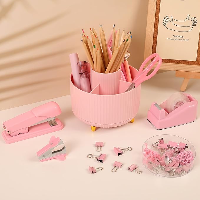 SKYDUE Pink Office Supplies Set, Pencil Holder for Desk,Gel Pen, Stapler, Tape Dispenser, Scissors,Clips and 1000pcs Staples, Office Decor for Women, Pink Desk Accessories
