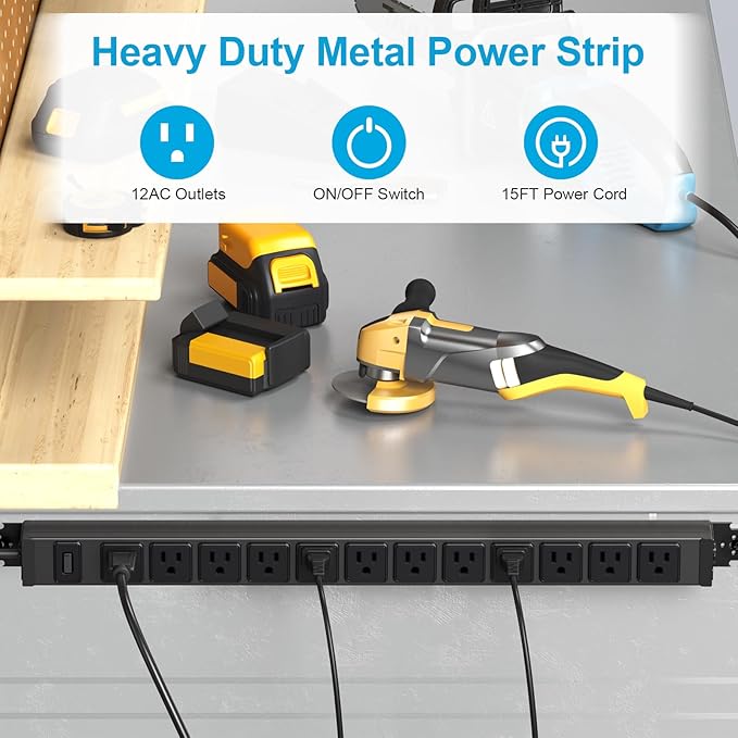 HHSOET 360° Rotating 12 Outlet Mountable Power Strip, Aluminum Alloy Long Power Strip Extension Cord, Heavy Duty Wall Mount Surge Protector with Switch, Works Great and Very Versatile,15ft Power Cord.