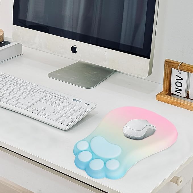 L-SPOUTTO Ergonomic Mouse Pad with Wrist Rest,Cute Cat Paw Mousepad Wrist Support,Comfortable Massage Design Computer Pain Relief Mouse Pad with Non-Slip PU Base for Desk Laptop Gaming,Rainbow