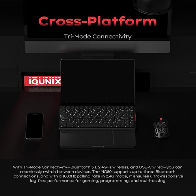 IQUNIX MQ80 Low Profile Mechanical Keyboard for Work and Gaming Tri Mode Wireless Wired CNC Aluminum Hot Swappable RGB Backlit Long Battery Life VIA Support (Black)