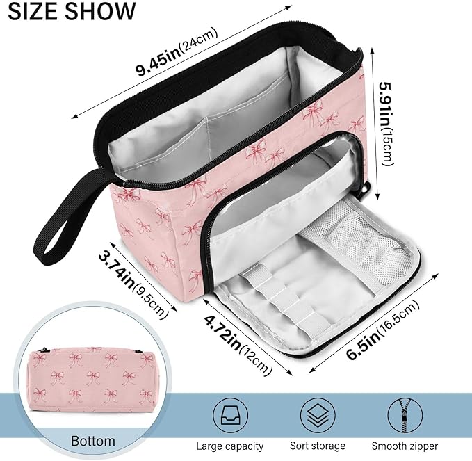 Ribbon Bow Pink Pencil Case Pouch Big Capacity Pencil Bag Box Organizer Pen Case with Compartmens Stationery Organizer for Girls School College