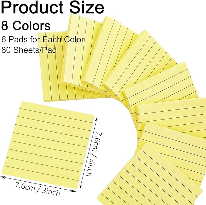 48 Pack 3840 Sheets Lined Sticky Notes 3X3 in Ruled Self Sticky Note Pads 80 Sheets/pad Colorful Sticky Notes with Lines Post Notes for Office, Home, School, Meeting