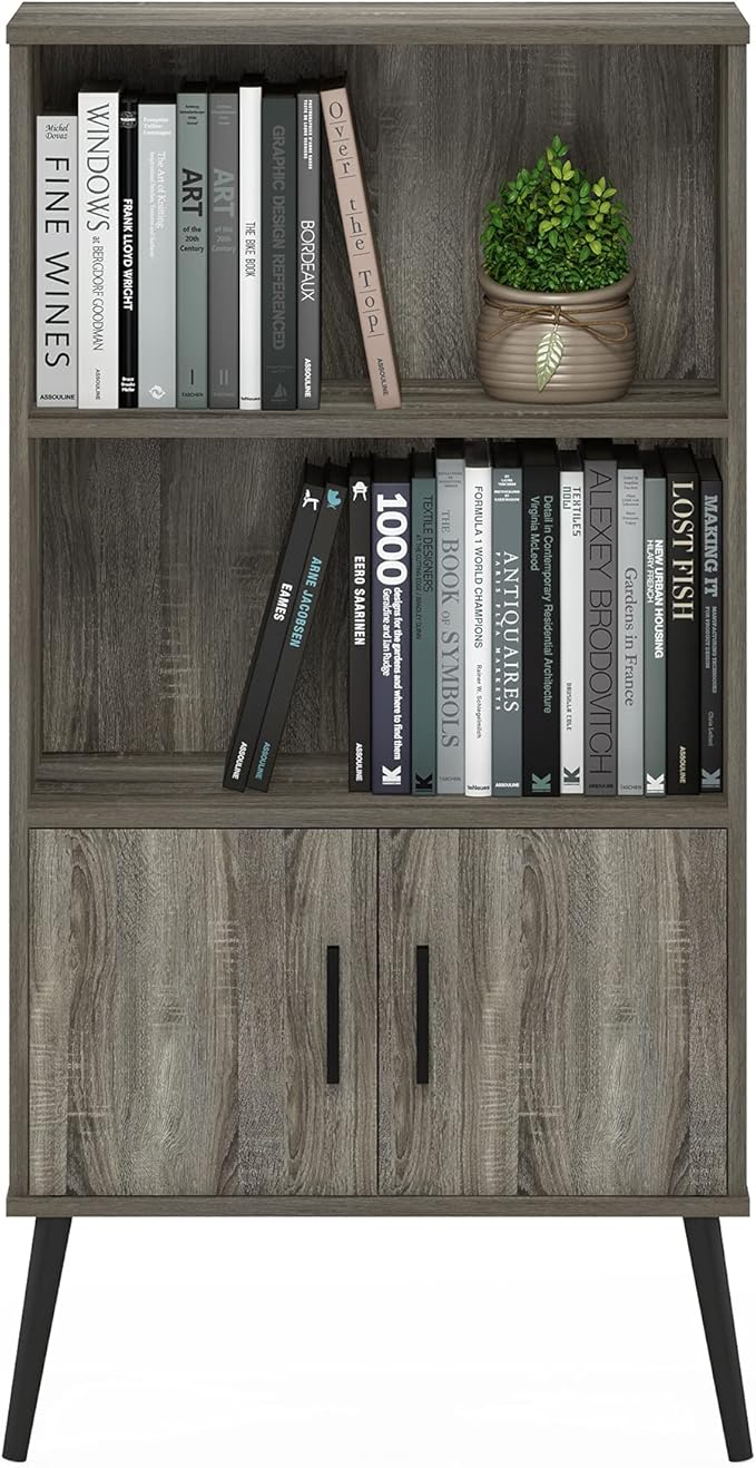 Furinno MIDCENTURY Storage Shelves, Storage Cabinet with Doors and Shelves, Bookshelf with Legs, for Living Room, Home Office, Grey Oak