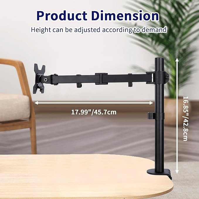 Single Monitor Desk Mount, Heavy Duty Adjustable Monitor Stand for 13"-32" Screen, Monitor Arm Desk Mount Holds Up to 22lbs with C Clamp/Grommet Base