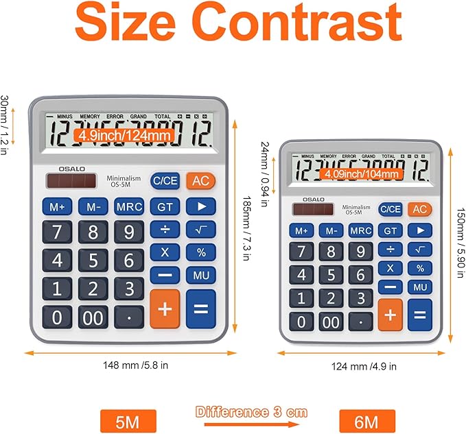 Desktop Calculator Large LCD Display 12 Digit Number Handheld Portable Pocket Basic Calculator with Big Soft Sensitive Button, Battery and Solar Powered, for Office Home School Use(OS-6M)