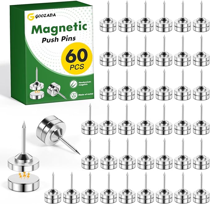 GOOZADA 60 Pack Magnetic Push Pins, Silver Magnet Thumb Tacks, Metal Magnet Tacks, Magnetic Clips, Push Pins for Cork Board, Bulletin Board, Photo Wall, Wall