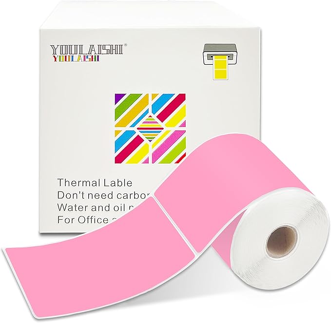 YOULAISHI 3 X 5 Inch Printable Waterproof Rectangle Color Coding Labels, 300 Per Roll Adhesive Color Coding Stickers for Bar-Codes, Address, Small Business Labeling, Inventory, Pink