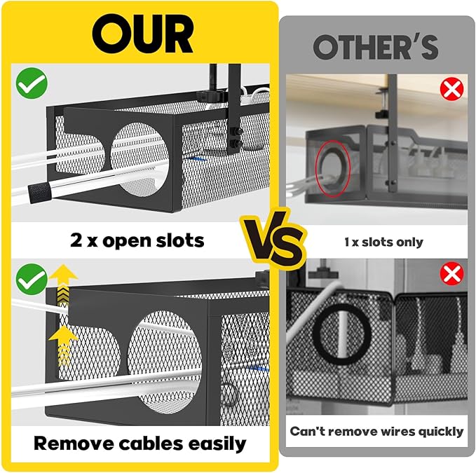 Under Desk Cable Management Tray No Drill 15.1’’, Metal Mesh Cable Management Box with Hybrid Side Slots Cable Raceway,Adjustable Cable Tray with Wire Management for Office Home,1 Pack (Black)