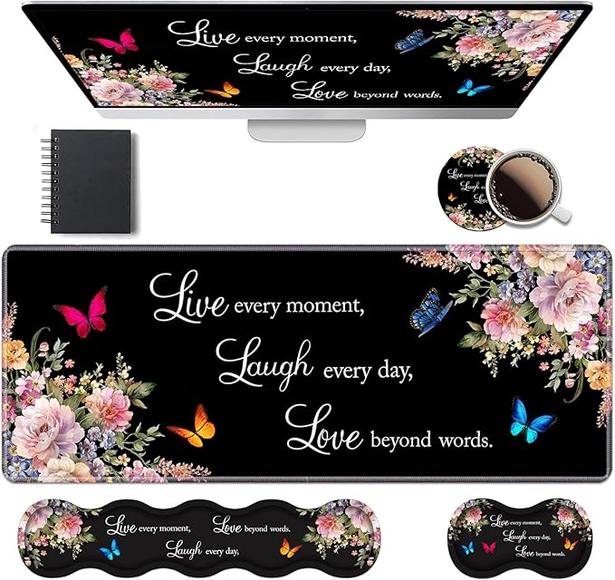 Ergonomic Keyboard Wrist Rest & Mouse Pad Wrist Rest Set, Large XXL Gaming Desk Mat 31.5"x 11.8" with Memory Foam, Easy Typing Pain Relief for Office & Home, Floral Quote Live Laugh Love