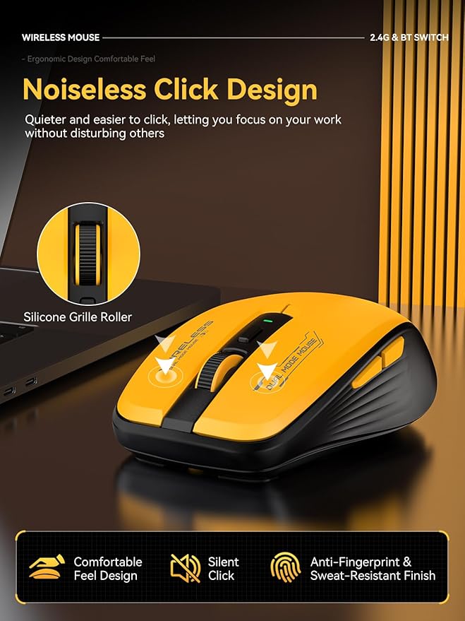 Bluetooth Mouse, Bluetooth 5.1 + 2.4GHz USB + USB-C Dongle, Wireless Mouse Tri-Mode, with Forward/Backward Side Keys, Silent Click, Side Buttons, Portable for Laptop, Mac, iPad (Yellow Black)