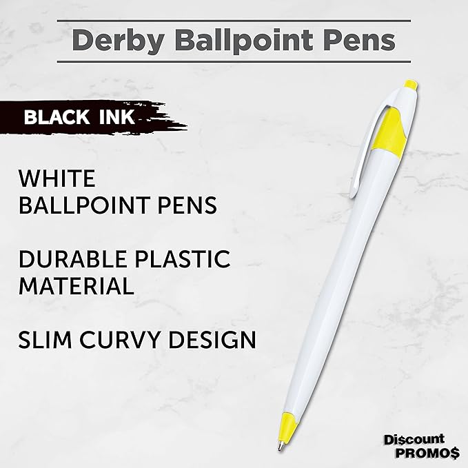 DISCOUNT PROMOS Slim Curvy Ballpoint Pens Set of 10, Bulk Pack - Black Ink, Retractable, Great for Office, School, Tradeshows - Yellow