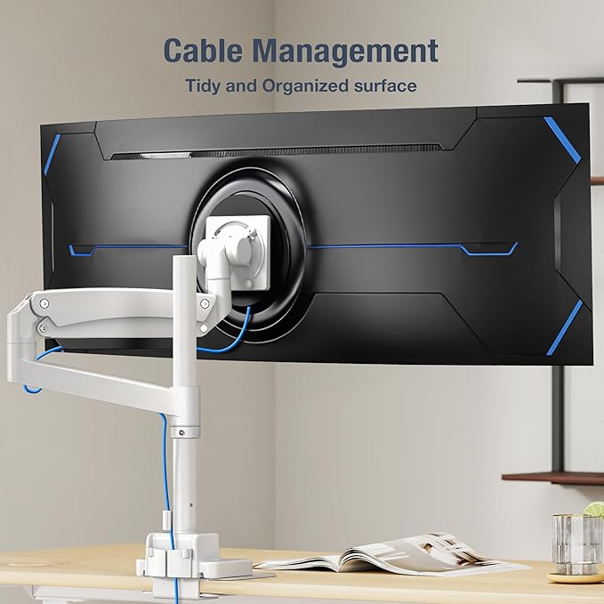 AVLT Single 57 Inch Heavy Duty Monitor Arm Pole Top Mount with USB-C USB-A Ports-White, Height Adjustable, Easy Install Top C-Clamp/Grommet with Reinforcement Plates, VESA Compatible 200/100/75