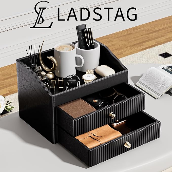 Office Supplies,Black Vegan Leather Office Organization with 2 Drawers & Tray,Glasses Holder with Gold-Tone Metal Accents Knob for End Tables,Bedside Table,Bedroom