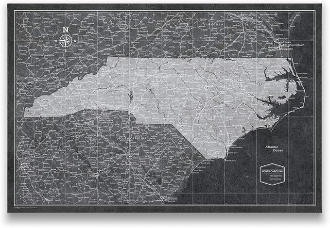 Conquest Maps Push Pin North Carolina Map Board - With Push Pins to Mark North Carolina Travels - Handmade in Ohio, USA - Design: Modern Slate