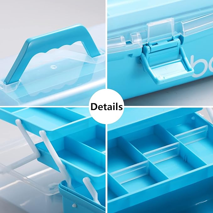 12'' Three-Layer Clear Art Box Organizer, Multipurpose Plastic Craft Box with Handle (Blue)