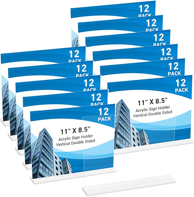 12 Pack Acrylic Sign Holder 11 x 8.5 Horizontal, Double-Sided Clear Sign Holder Plastic Stands for Display, T Shape Acrylic Table Sign Stands for Office Store Restaurants Wedding Party Decoration