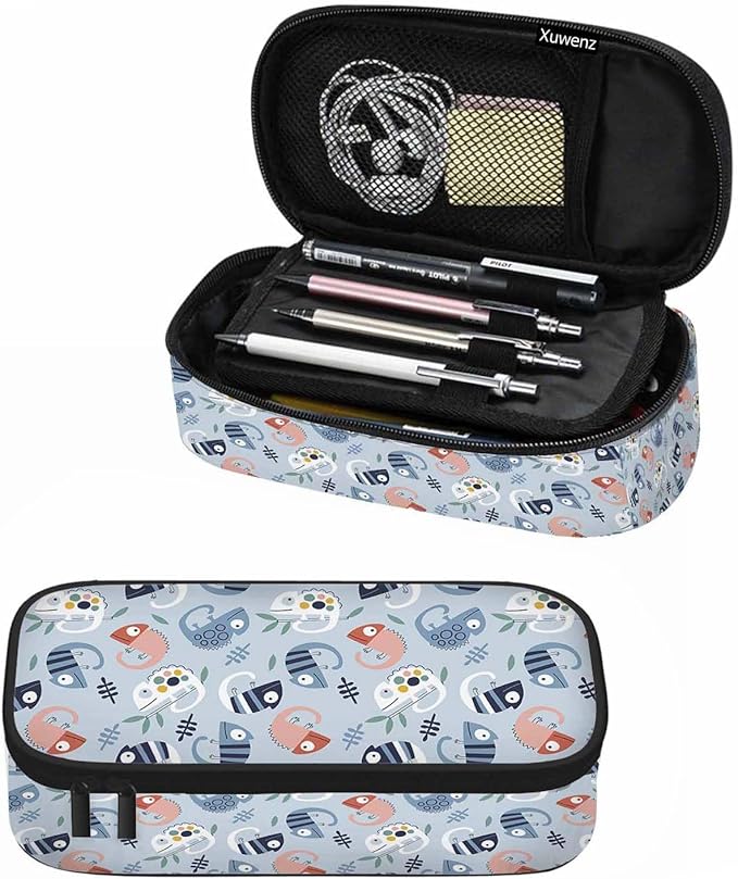 Chameleons Pencil Case Cute Cartoon Animal Leaves Blue White Pencil Bag Pouch Box Organizer for College Student Teen Adults