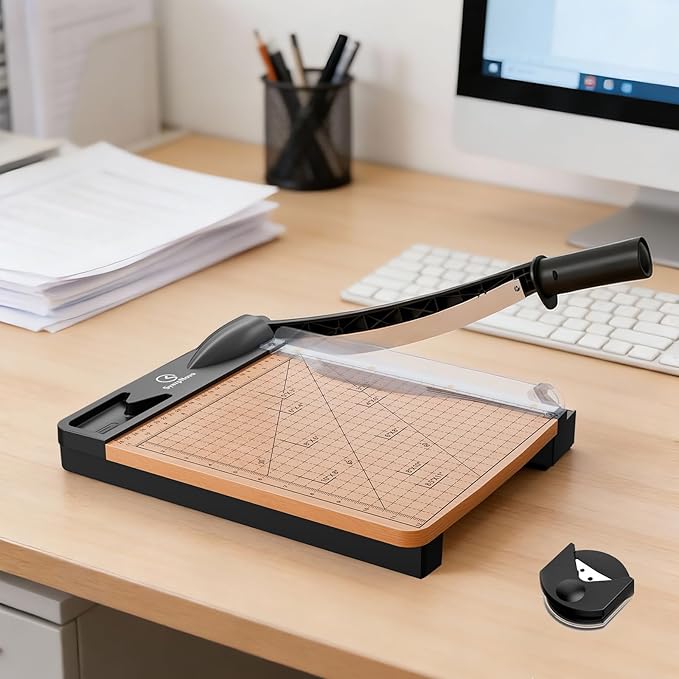 12 Inch Heavy Duty Paper Cutter, Wood Guillotine Paper Cutter & Trimmer, 12-16 Sheets Capacity Cutting Board for Classroom, Crafting, Cardstock Black (Black)