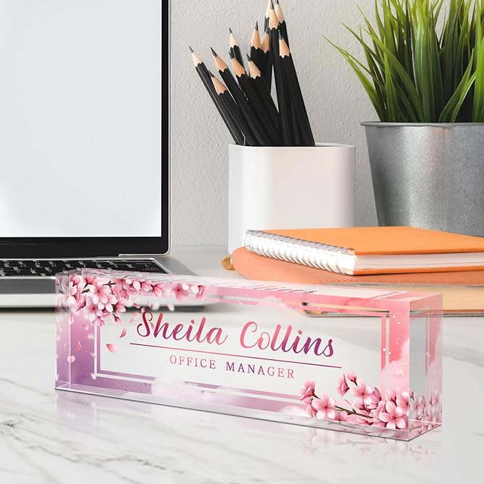 Custom Name Plate for Desk, Employee Appreciation Gifts, Acrylic Desk Name Plate Personalized, Office Decor, Funny Office Gifts for Coworkers Boss Teacher (Peach Blossom)