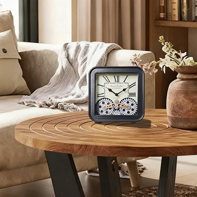 Vintage Desk Clock, 6 inch Metal Table Clocks with Moving Gears, Small Silent Non Ticking Industrial Steampunk Quartz Shelf Clock for Home Office Living Room Desk Decor Battery Operated（black）