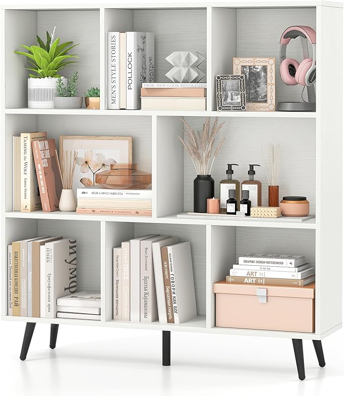 Tangkula 8-Cube Bookcase, Modern Storage Bookshelf with 5 Tapered Metal Legs & 2 Anti-Tip Kit, Freestanding Display Rack for Living Room, Study Room (8-Cube,White)