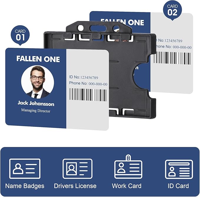Fallen One 2 Pack Horizontal ID Badge Holder, Double Sided, Black, Hard Plastic