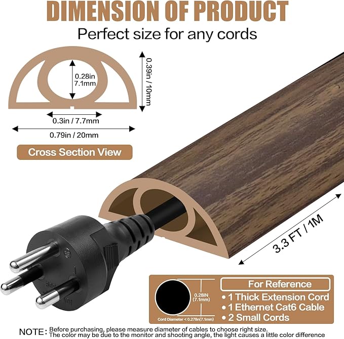 Floor Cord Cover Self Adhesive Cord Hider,3.3FT Cable Management, Extension Strip Protector for Wires, Prevent Cable Trips for Offices, Gyms, Exhibitions Cavity:0.3"(W) x 0.28"(H) Wood Walnut