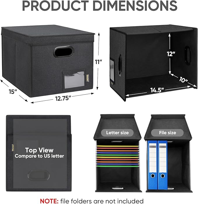 BALEINE File Organizer Box with Lid, Collapsible File Folder Organizer with Plastic Slide, Hanging File Folder Box for Office Document Storage (Tab Friendly, 1 Pack, Black)