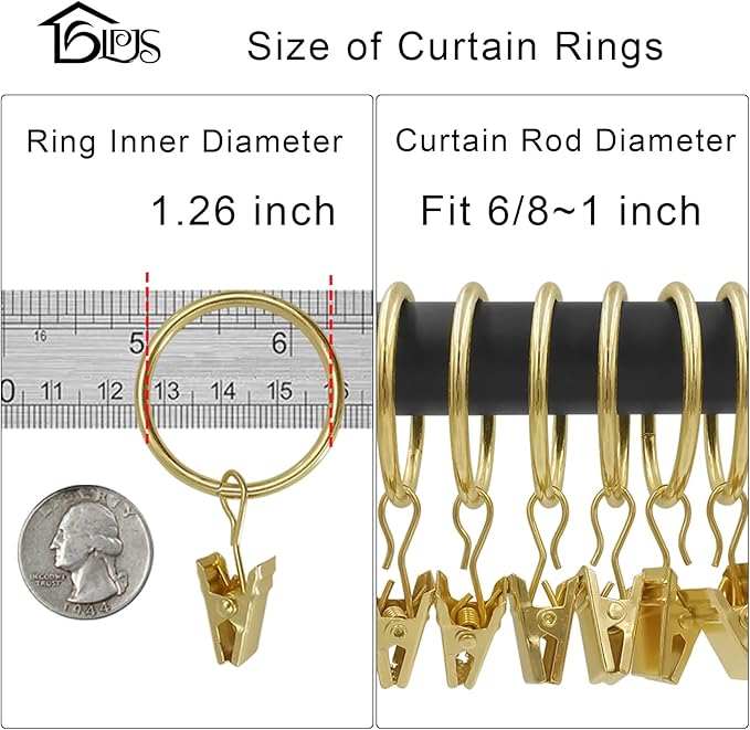 LLPJS 40 Pack Curtain Rings with Clips, Curtain Clip Rings Hooks, Bow Hanger Clips for Hanging Drapery Drapes Bows, Ring 1.26 inch Interior Diameter, Fits up to 1" Rod, Gold