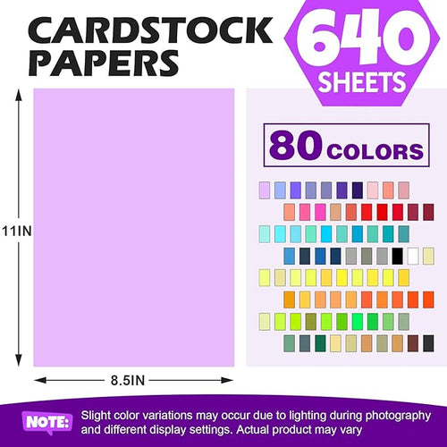 640 Sheets 8.5" X 11" Colored Cardstock, 80 Assorted Colors 180 GSM/65 LB Construction Paper Card Stock Printer Paper for Printing, Card Making, DIY Crafts, Kids School Supplies,Party Decorations