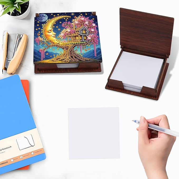 Moon Diamond Painting Kit Note Box,Memo Paper Storage Box Diamond Art,Sticky Note Holder Diamond Art,Diamond Painting Memo Pad For Office Desk. (Moon)